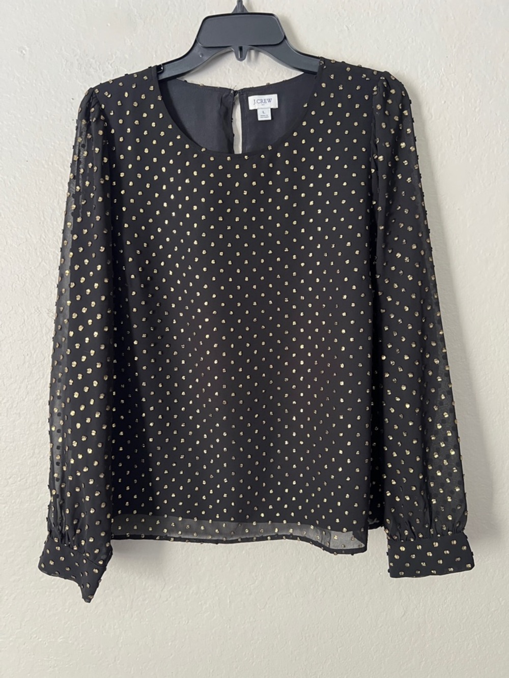 NWOT J.Crew Gold Shimmer Clip-Dot Top Black Long Sleeve in Size L - Picture 5 of 14
